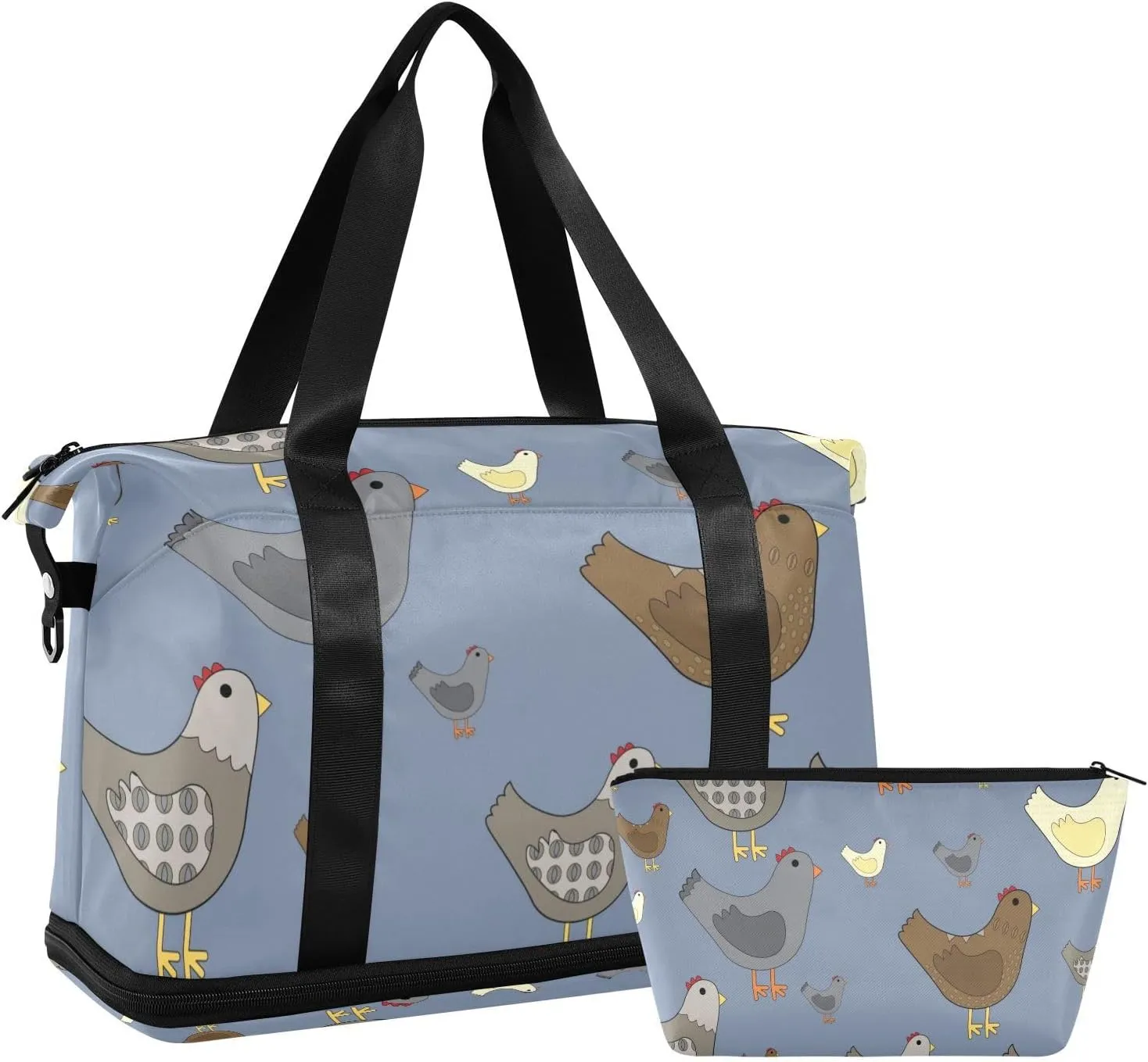 Chicken in Blue Versatile Sports Travel Bag - Lasting Twill Tote, Removable Wheel & Rod Bagging, Multi-pocket Design, Complimentary Makeup Bag