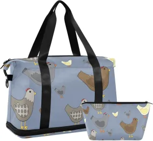 Chicken in Blue Versatile Sports Travel Bag - Lasting Twill Tote, Removable Wheel & Rod Bagging, Multi-pocket Design, Complimentary Makeup Bag