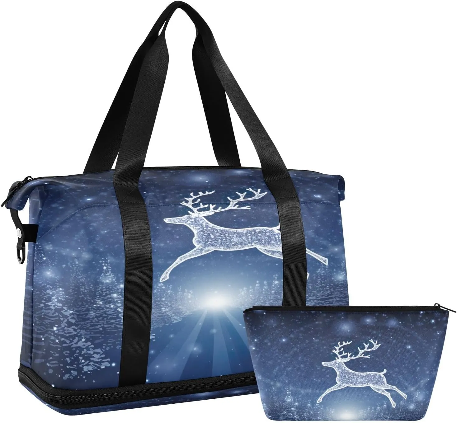 Christmas Reindeer Blue Duffel Bag Lightweight Carry On Gym Bags for Travel and Weekends, Versatile Overnight Bag with Shoe Compartment