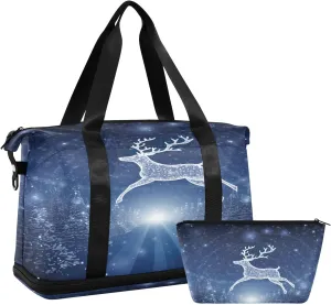 Christmas Reindeer Blue Duffel Bag Lightweight Carry On Gym Bags for Travel and Weekends, Versatile Overnight Bag with Shoe Compartment