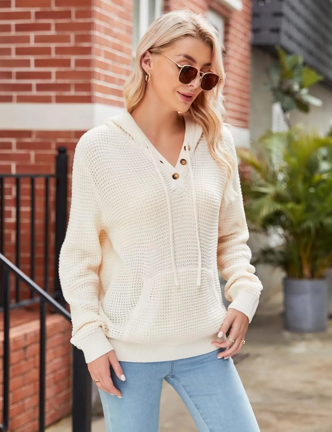 CiCiBird Women Fall Hoodies Sweater Knit V Neck Tops Oversized Fashion Pullover Casual Long Sleeve Shirts with Pockets