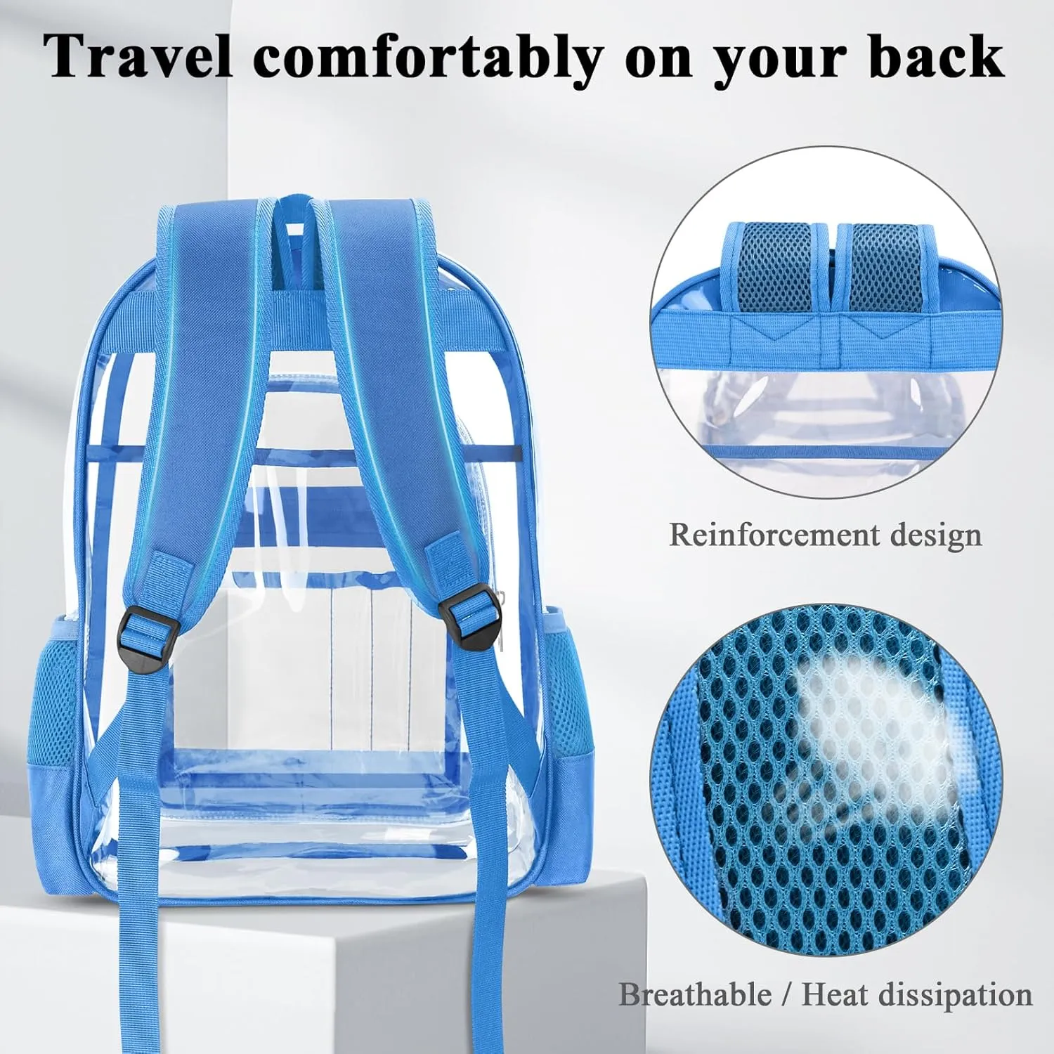 Clear Backpack, Heavy Duty PVC Transparent Backpack with Reinforced Straps, See Through Multiple Pockets Large Capacity Bookbag for Concert Sport Event Work Security Travel Festival Blue