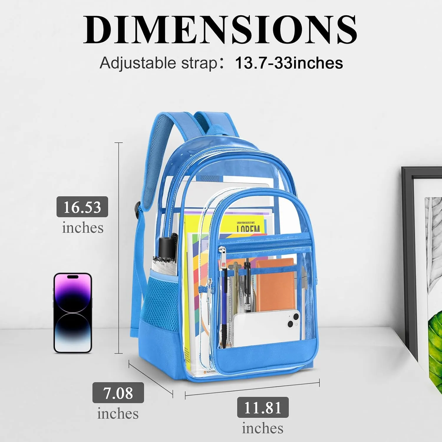 Clear Backpack, Heavy Duty PVC Transparent Backpack with Reinforced Straps, See Through Multiple Pockets Large Capacity Bookbag for Concert Sport Event Work Security Travel Festival Blue