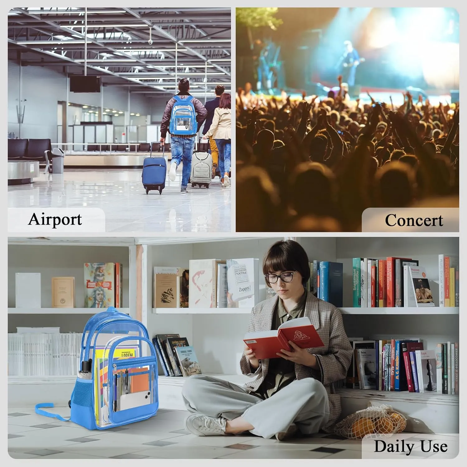 Clear Backpack, Heavy Duty PVC Transparent Backpack with Reinforced Straps, See Through Multiple Pockets Large Capacity Bookbag for Concert Sport Event Work Security Travel Festival Blue
