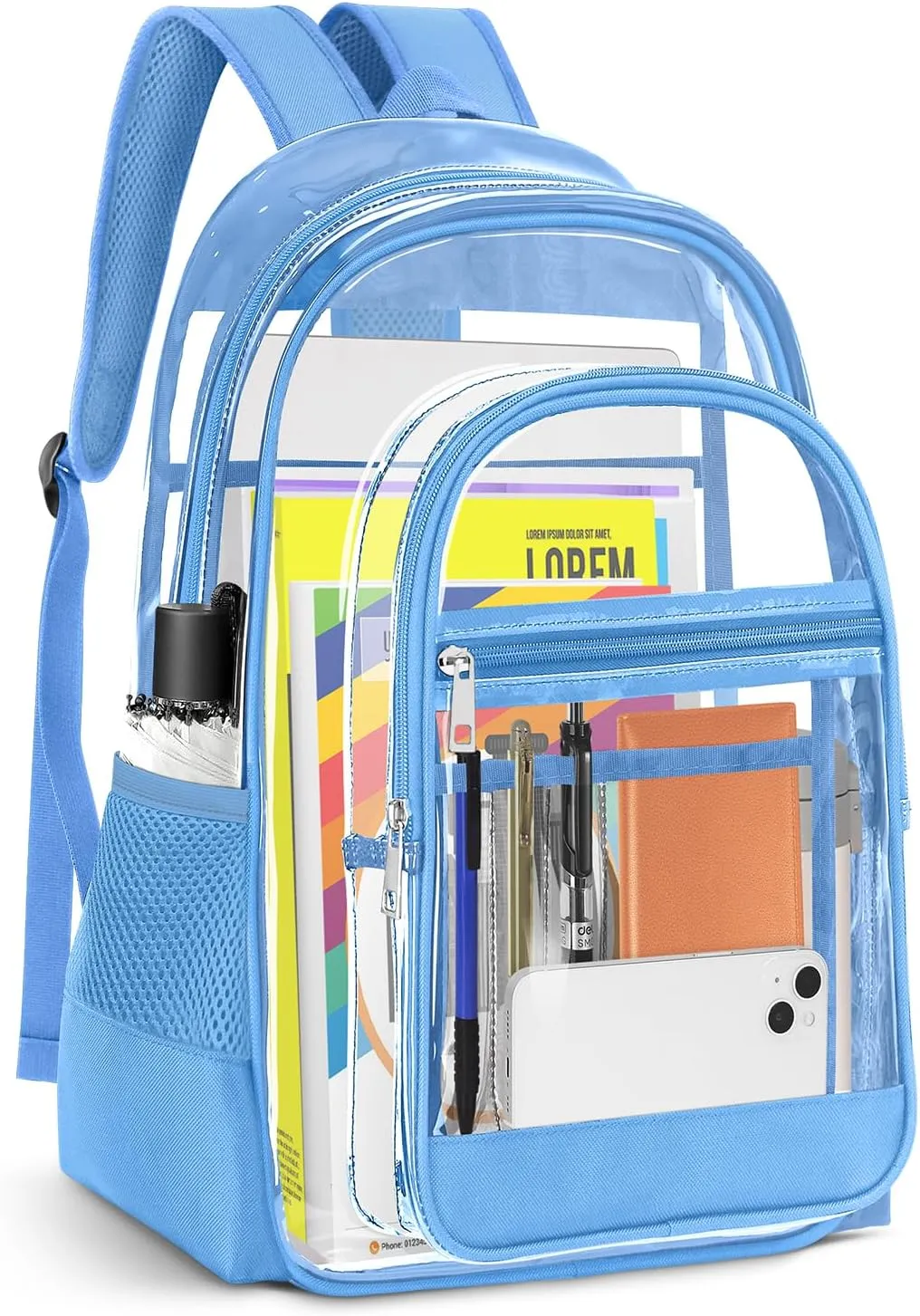 Clear Backpack, Heavy Duty PVC Transparent Backpack with Reinforced Straps, See Through Multiple Pockets Large Capacity Bookbag for Concert Sport Event Work Security Travel Festival Blue