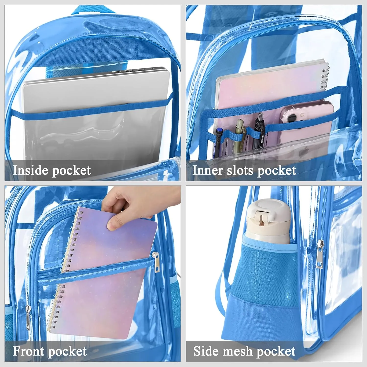 Clear Backpack, Heavy Duty PVC Transparent Backpack with Reinforced Straps, See Through Multiple Pockets Large Capacity Bookbag for Concert Sport Event Work Security Travel Festival Blue