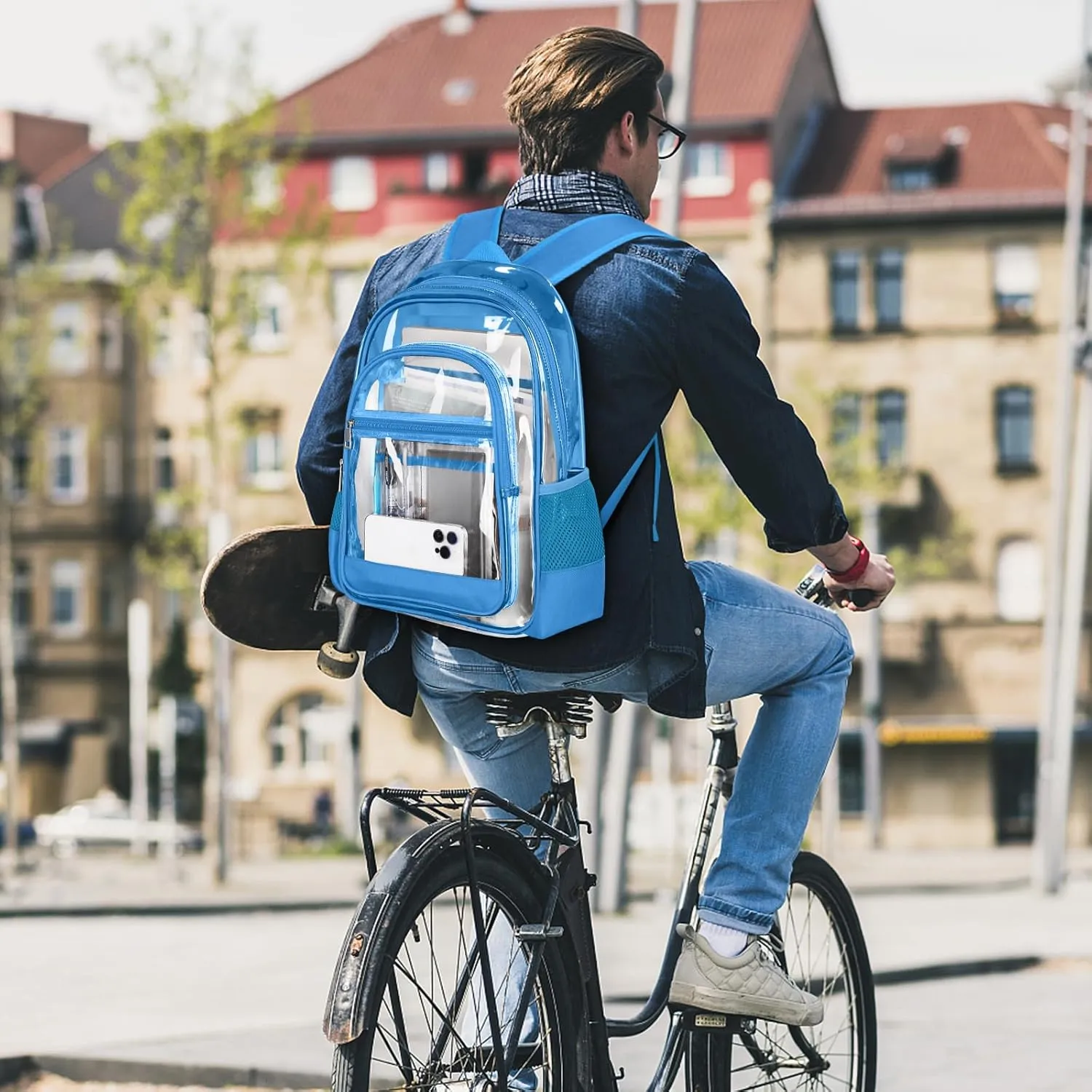 Clear Backpack, Heavy Duty PVC Transparent Backpack with Reinforced Straps, See Through Multiple Pockets Large Capacity Bookbag for Concert Sport Event Work Security Travel Festival Blue