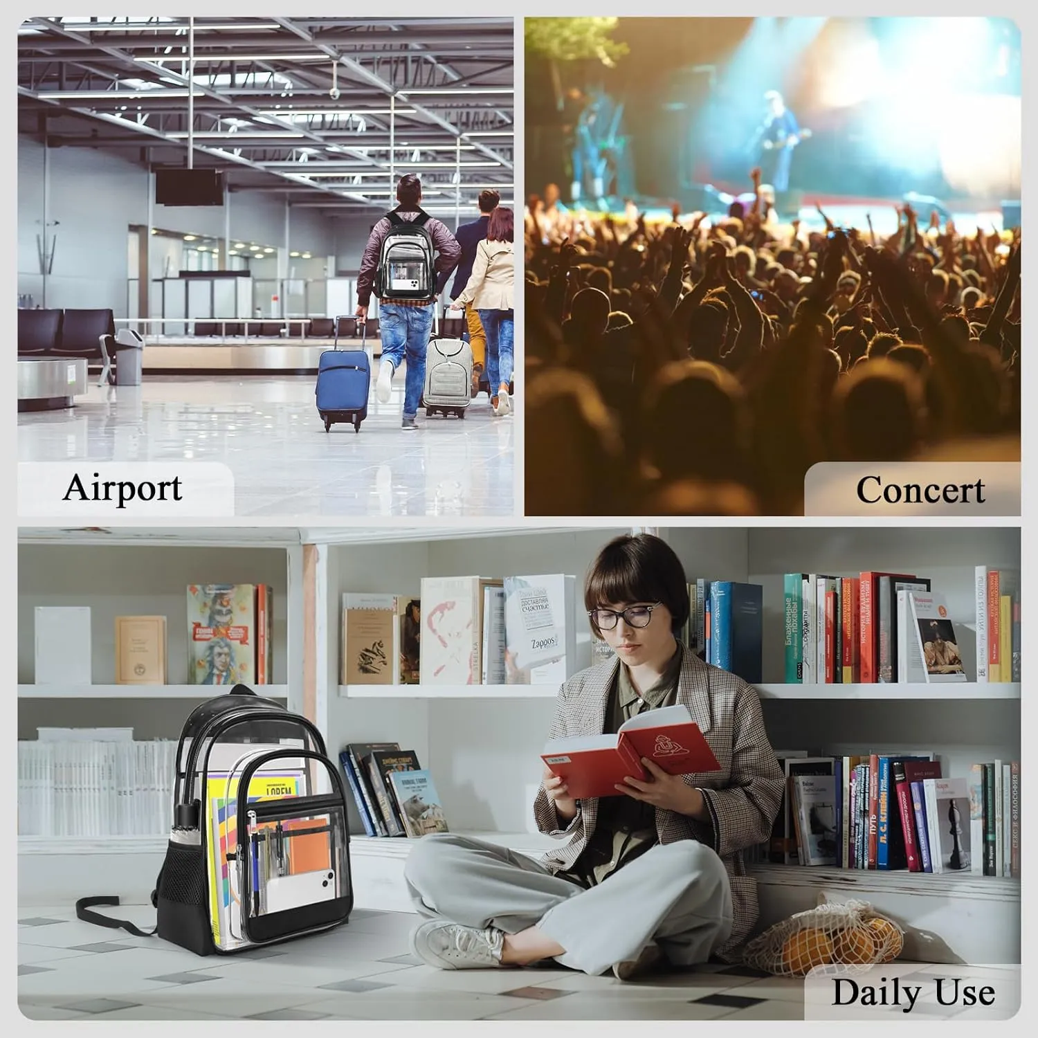 Clear Backpack, Heavy Duty PVC Transparent Backpack with Reinforced Straps, See Through Multiple Pockets Large Capacity Bookbag for Concert Work Security Travel Festival (Black)