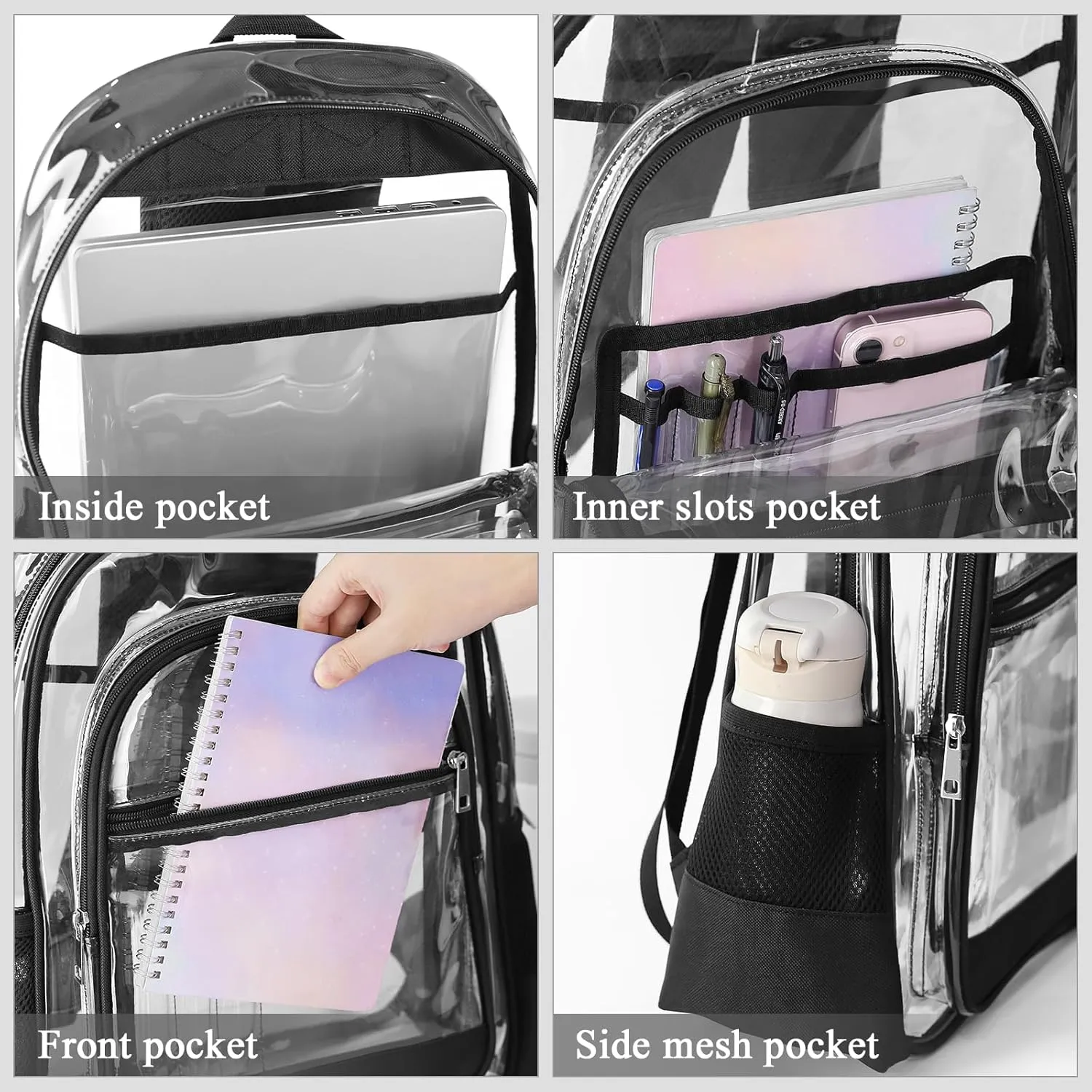 Clear Backpack, Heavy Duty PVC Transparent Backpack with Reinforced Straps, See Through Multiple Pockets Large Capacity Bookbag for Concert Work Security Travel Festival (Black)