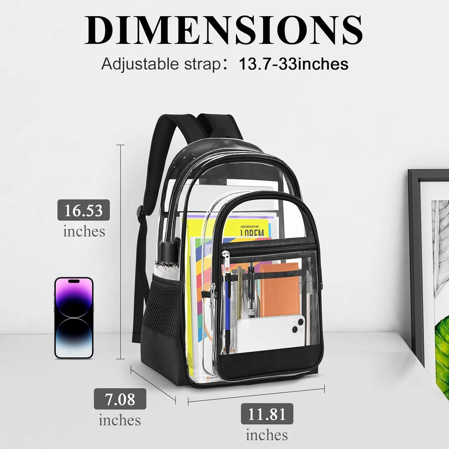 Clear Backpack, Heavy Duty PVC Transparent Backpack with Reinforced Straps, See Through Multiple Pockets Large Capacity Bookbag for Concert Work Security Travel Festival (Black)