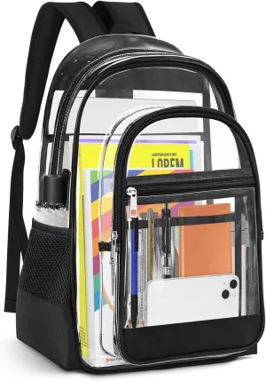 Clear Backpack, Heavy Duty PVC Transparent Backpack with Reinforced Straps, See Through Multiple Pockets Large Capacity Bookbag for Concert Work Security Travel Festival (Black)