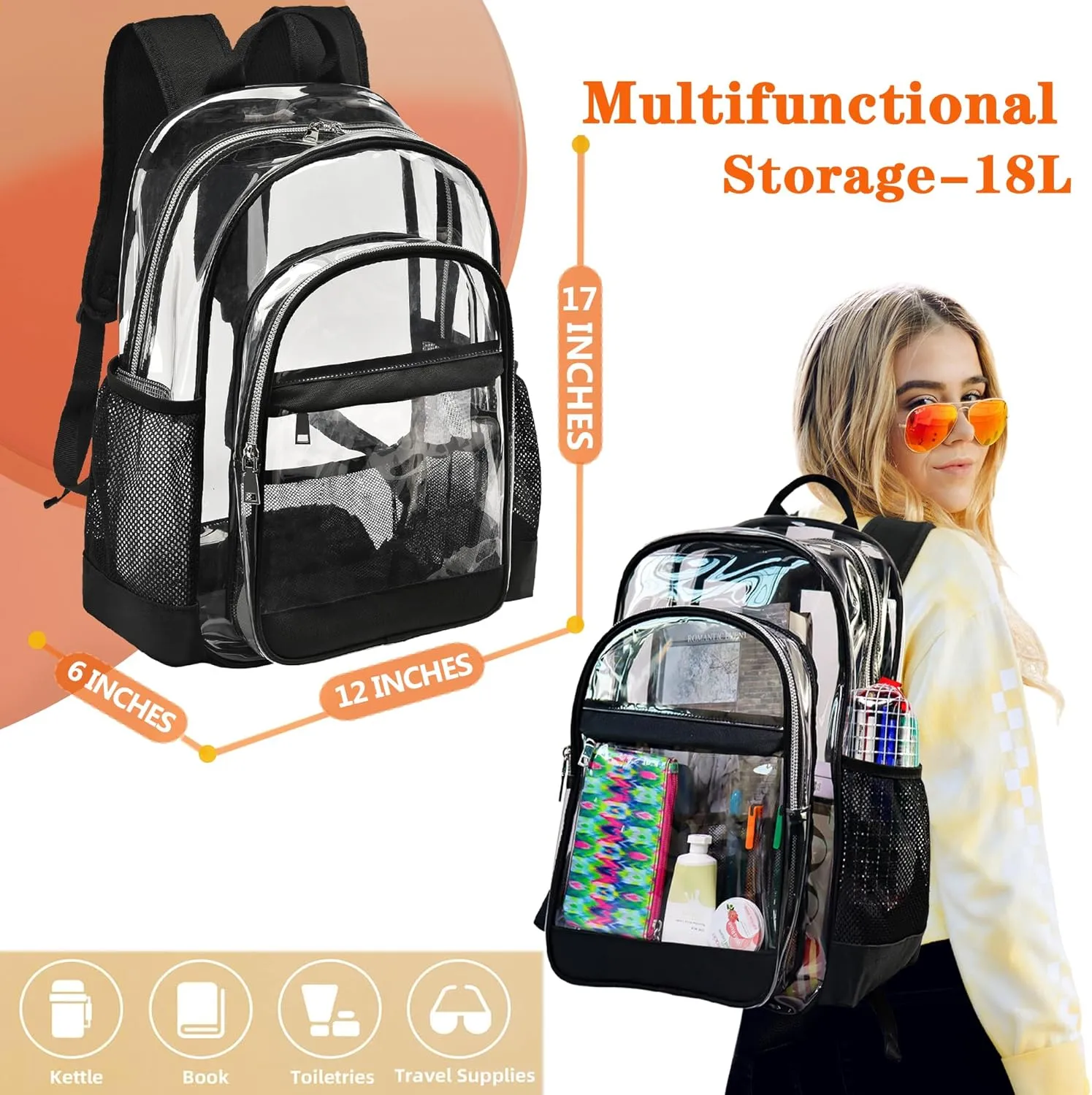 Clear Backpack,Heavy Duty Clear Bookbag See Through Backpack Large Clear Bag for School College Work Travel Security,Light Purple