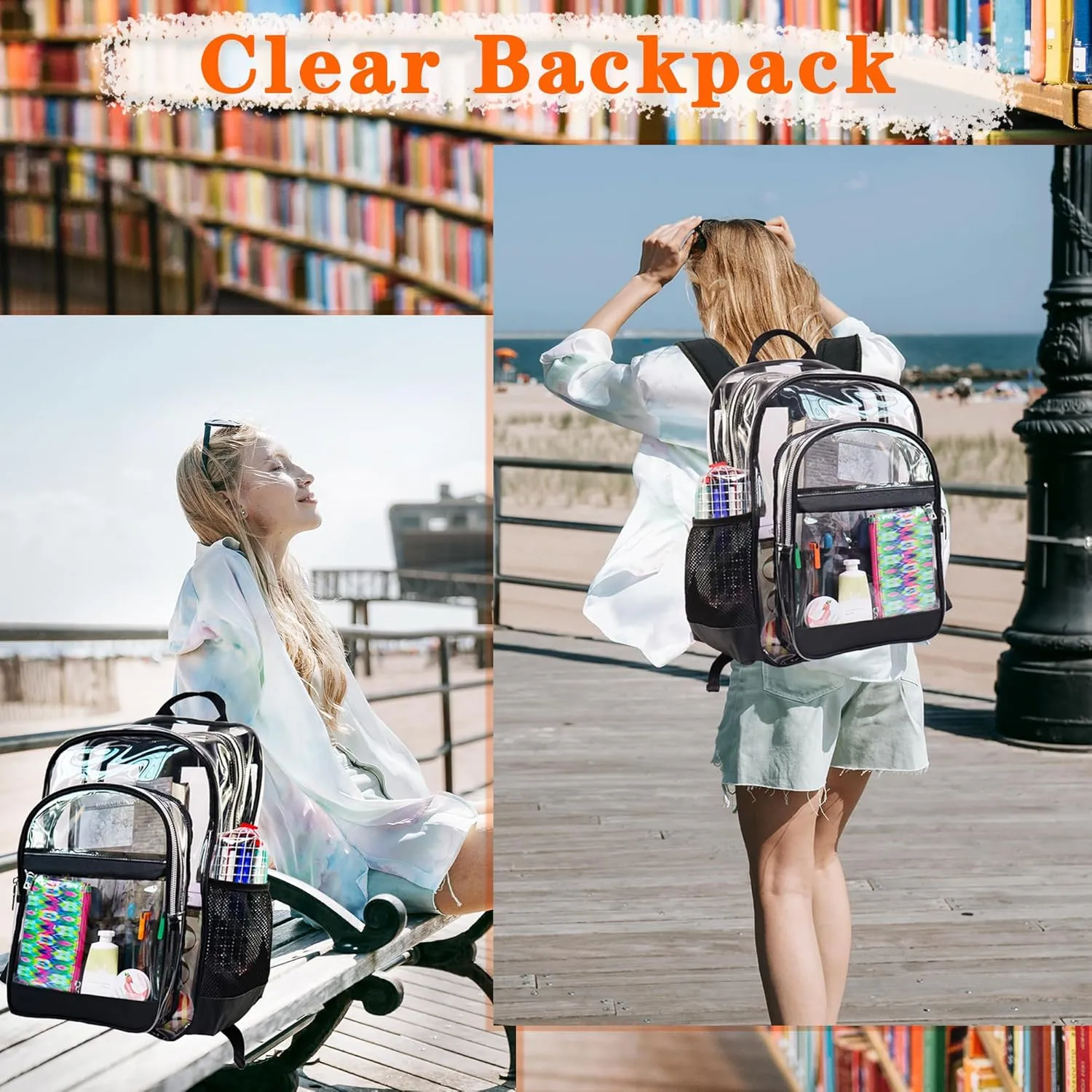 Clear Backpack,Heavy Duty Clear Bookbag See Through Backpack Large Clear Bag for School College Work Travel Security,Light Purple