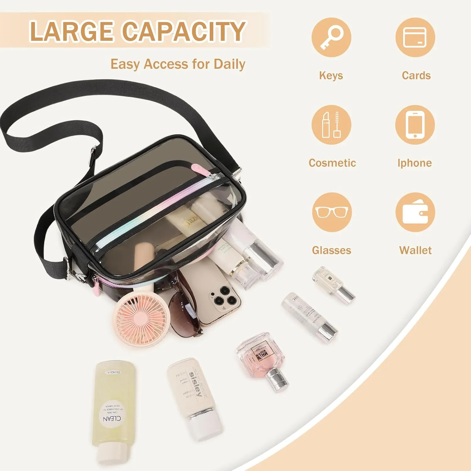Clear Bag for Stadium Events Transparent Crossbody Bag Purse Adjustable Strap Shoulder Bags