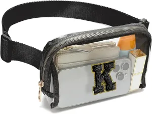 Clear Fanny Pack Belt Bag Stadium Approved for Women Men with Inital Letters Adjustable Strap Water-resistant Waist bag Clear Purse(Black,K)