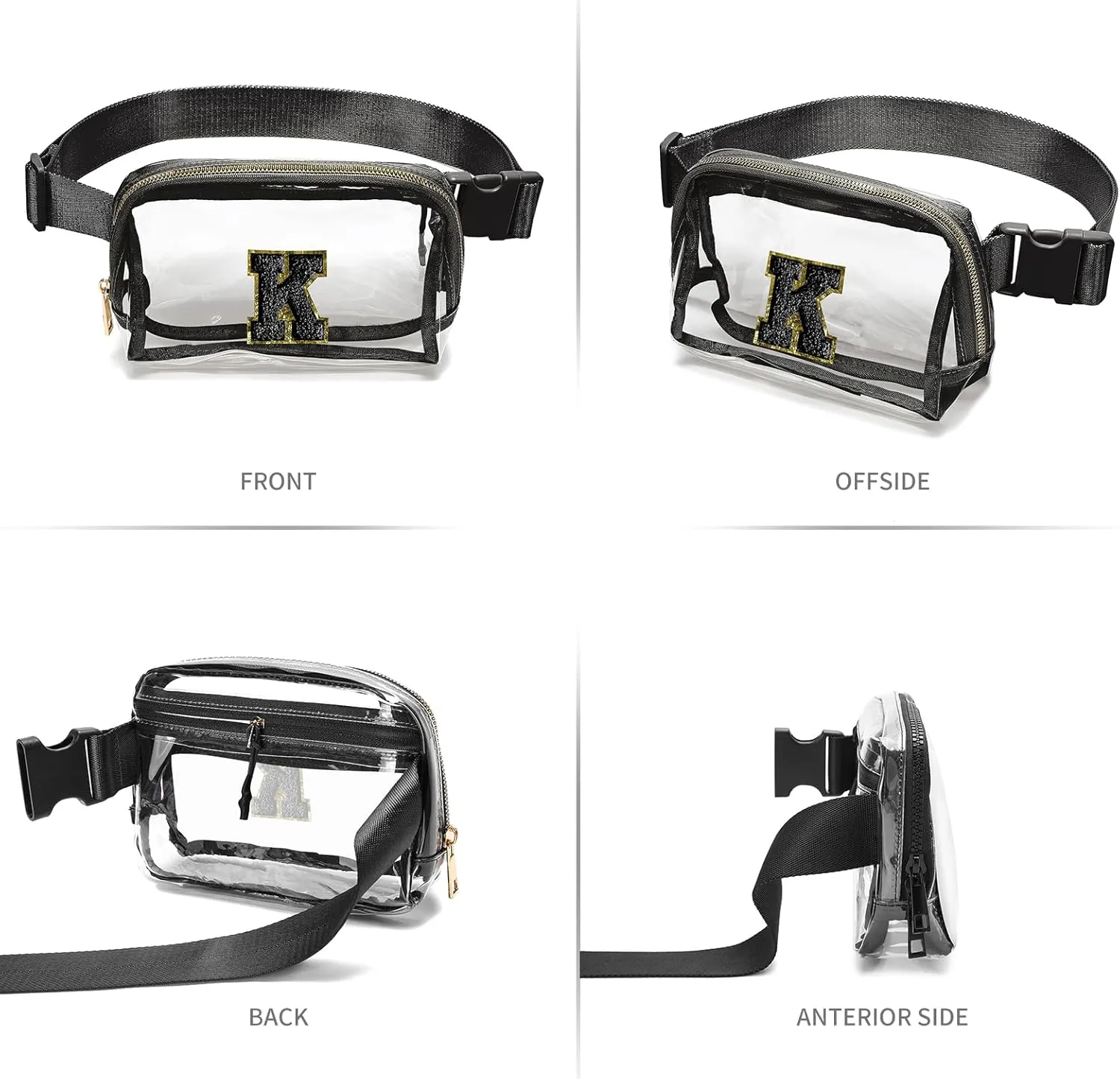 Clear Fanny Pack Belt Bag Stadium Approved for Women Men with Inital Letters Adjustable Strap Water-resistant Waist bag Clear Purse(Black,K)
