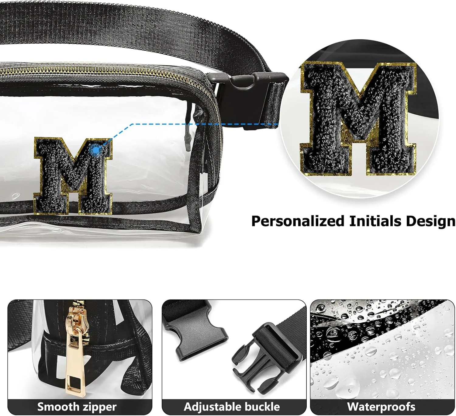 Clear Fanny Pack Belt Bag Stadium Approved for Women Men with Inital Letters Adjustable Strap Water-resistant Waist bag Clear Purse(Black,K)