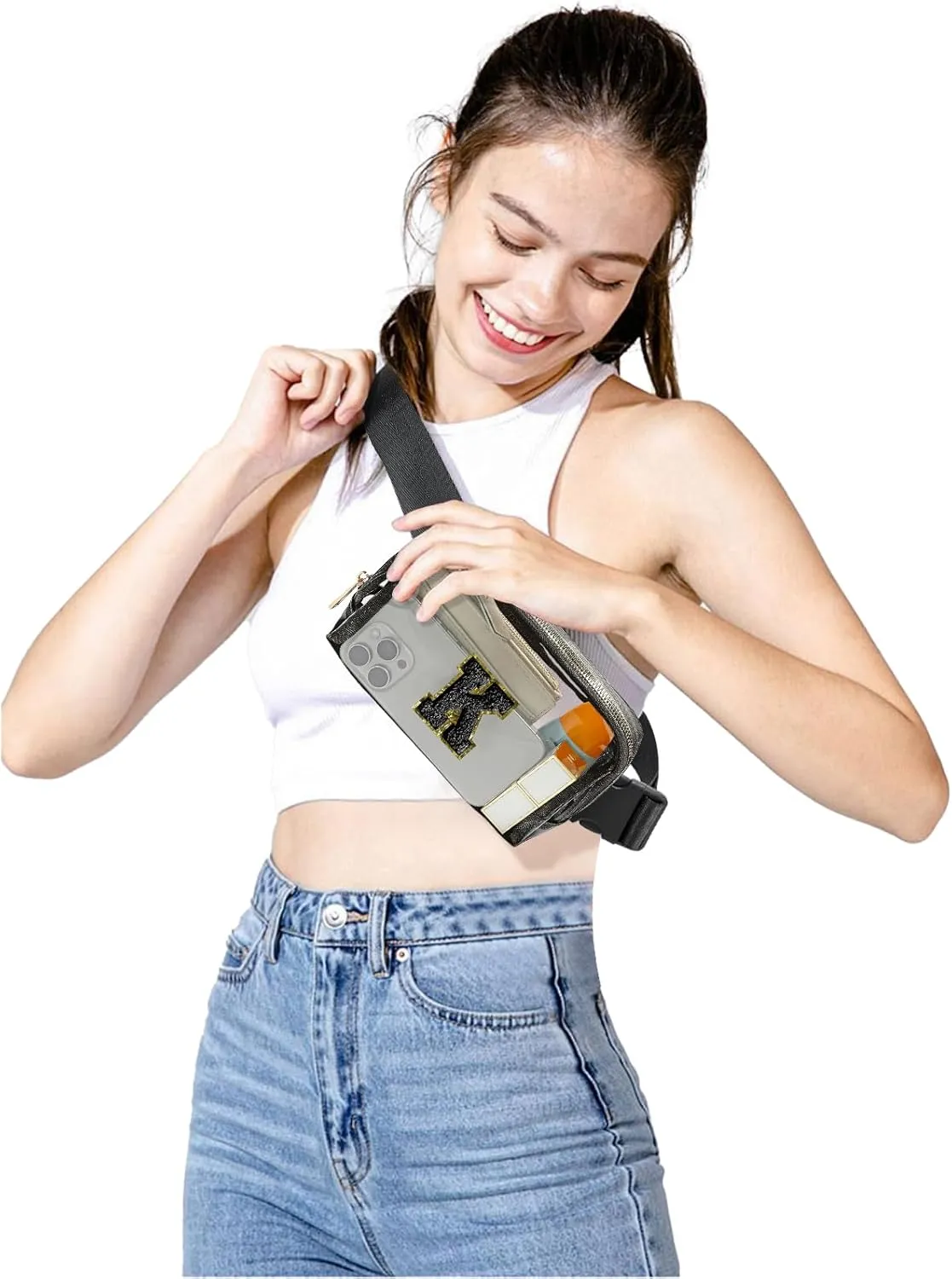 Clear Fanny Pack Belt Bag Stadium Approved for Women Men with Inital Letters Adjustable Strap Water-resistant Waist bag Clear Purse(Black,K)