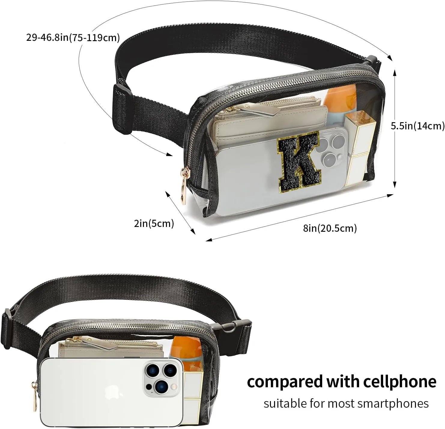 Clear Fanny Pack Belt Bag Stadium Approved for Women Men with Inital Letters Adjustable Strap Water-resistant Waist bag Clear Purse(Black,K)