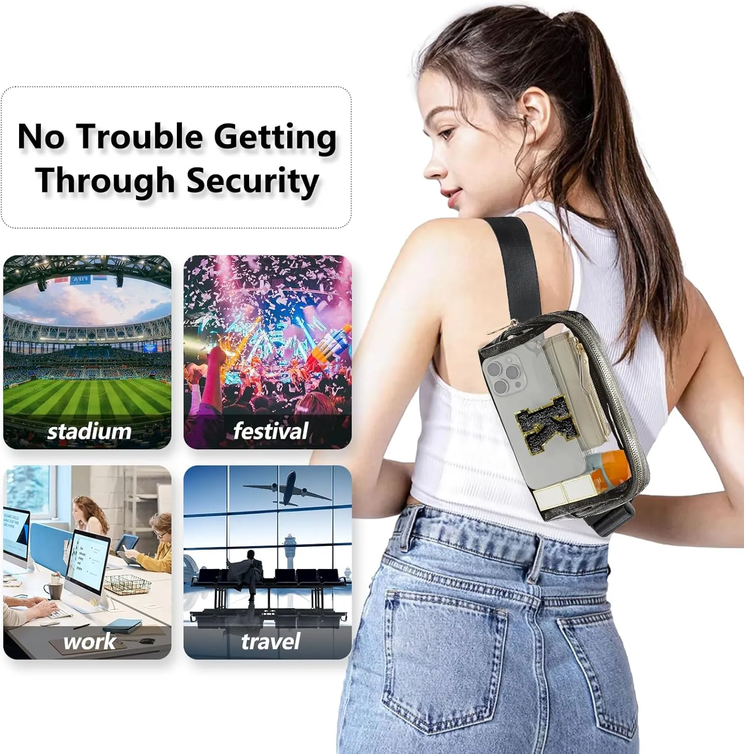 Clear Fanny Pack Belt Bag Stadium Approved for Women Men with Inital Letters Adjustable Strap Water-resistant Waist bag Clear Purse(Black,K)