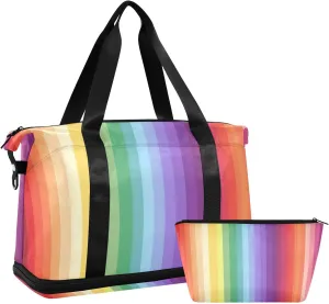 Colorful Lines Versatile Sports Travel Bag - Lasting Twill Tote, Removable Wheel & Rod Bagging, Multi-pocket Design, Complimentary Makeup Bag