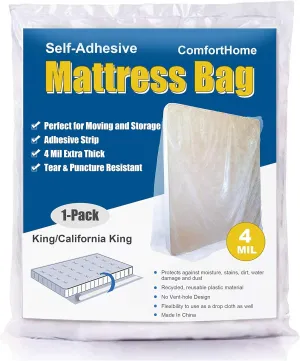 ComfortHome 4 Mil Extra Thick Sealable Mattress Bag with Adhesive Strip for Moving and Storage, Heavy Duty, Fits King and Cal King, 1-Pack
