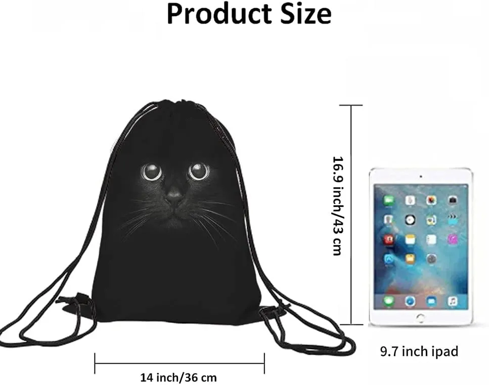 Cool Cat Drawstring Bags Backpack Bag Funny Animal Head On Black Cute Animal Cartoon Little Pet Adorable Kitten Kitty Sport Gym Sack Drawstring Bag String Bag Yoga Bag for Men Women