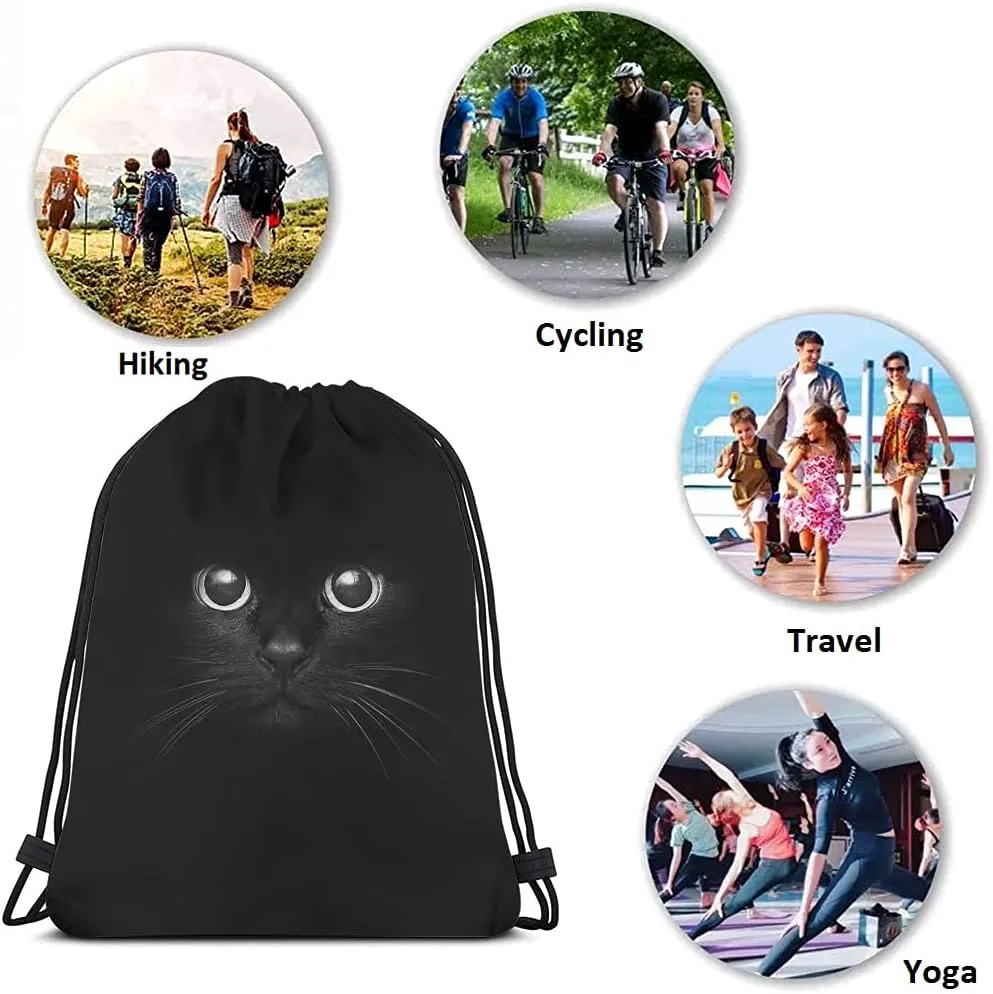 Cool Cat Drawstring Bags Backpack Bag Funny Animal Head On Black Cute Animal Cartoon Little Pet Adorable Kitten Kitty Sport Gym Sack Drawstring Bag String Bag Yoga Bag for Men Women