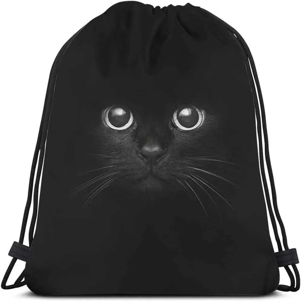 Cool Cat Drawstring Bags Backpack Bag Funny Animal Head On Black Cute Animal Cartoon Little Pet Adorable Kitten Kitty Sport Gym Sack Drawstring Bag String Bag Yoga Bag for Men Women