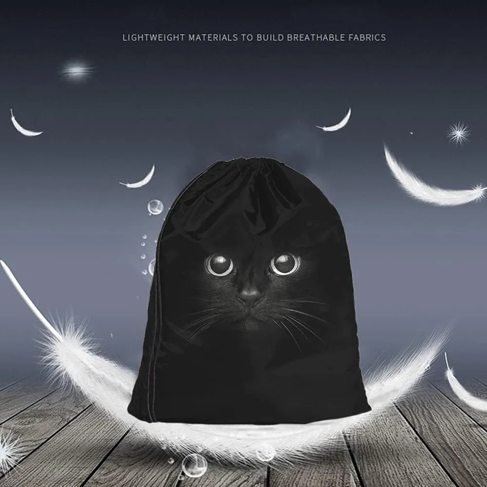 Cool Cat Drawstring Bags Backpack Bag Funny Animal Head On Black Cute Animal Cartoon Little Pet Adorable Kitten Kitty Sport Gym Sack Drawstring Bag String Bag Yoga Bag for Men Women