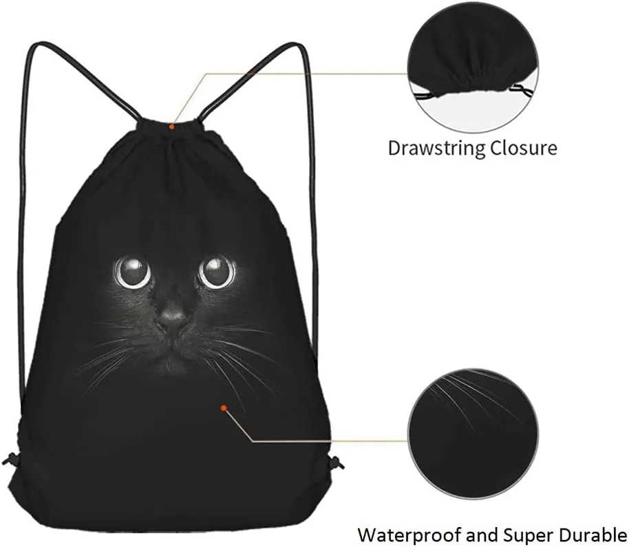 Cool Cat Drawstring Bags Backpack Bag Funny Animal Head On Black Cute Animal Cartoon Little Pet Adorable Kitten Kitty Sport Gym Sack Drawstring Bag String Bag Yoga Bag for Men Women