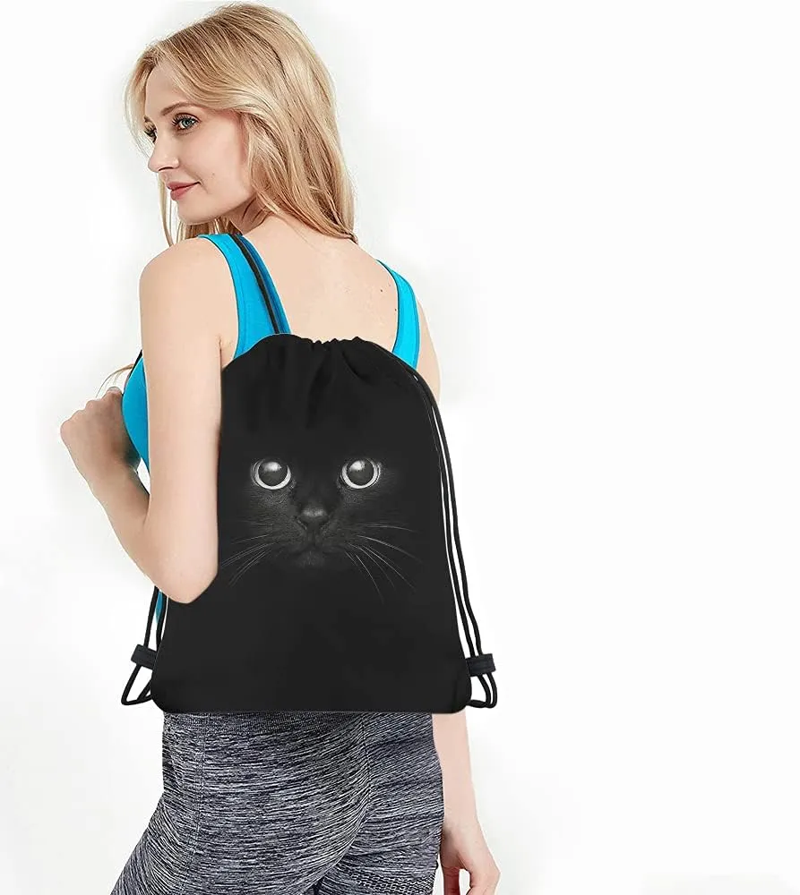 Cool Cat Drawstring Bags Backpack Bag Funny Animal Head On Black Cute Animal Cartoon Little Pet Adorable Kitten Kitty Sport Gym Sack Drawstring Bag String Bag Yoga Bag for Men Women