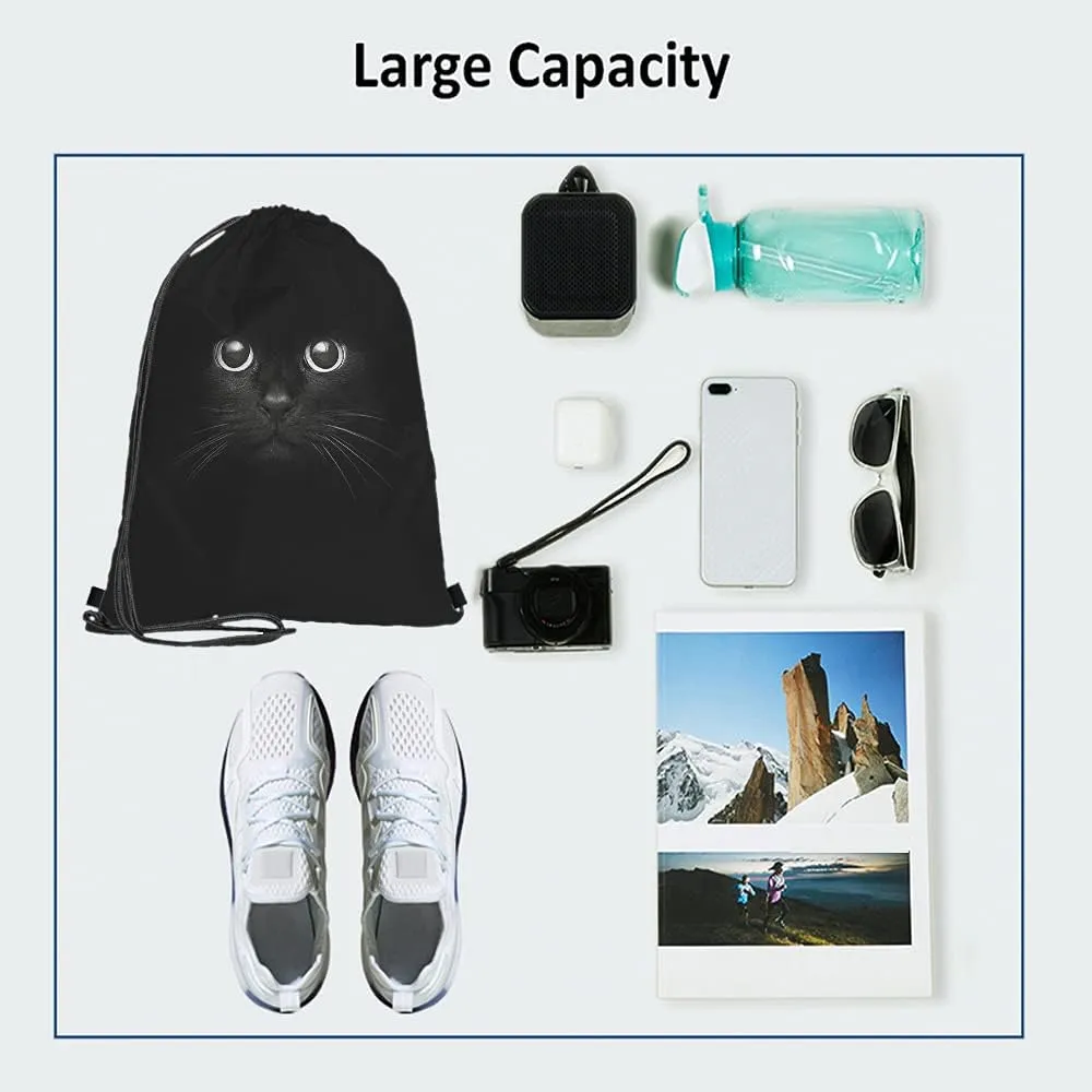 Cool Cat Drawstring Bags Backpack Bag Funny Animal Head On Black Cute Animal Cartoon Little Pet Adorable Kitten Kitty Sport Gym Sack Drawstring Bag String Bag Yoga Bag for Men Women