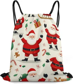 Cool Drawstring Bag for Men Women, Unisex Waterproof Sackpack Bags, Cute Cartoon Santa Claus Christmas Lightweight Backpack Shoulder Bag with Strap for Sports