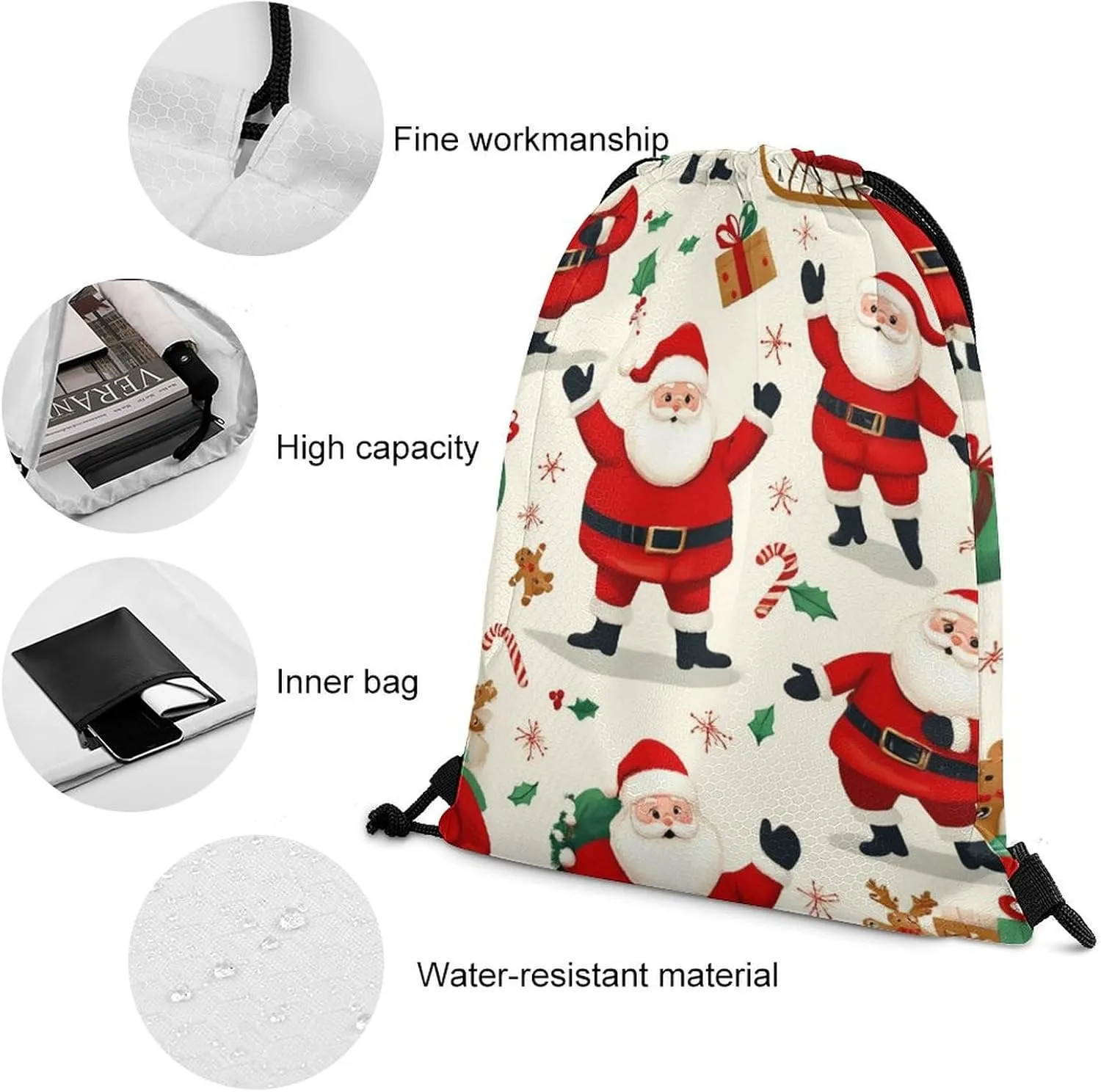 Cool Drawstring Bag for Men Women, Unisex Waterproof Sackpack Bags, Cute Cartoon Santa Claus Christmas Lightweight Backpack Shoulder Bag with Strap for Sports