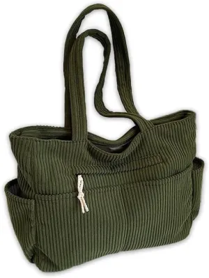 Corduroy Tote Bag For Women,Multiple Pockets Large Corduroy Shoulder Bag,Cute Tote Bag For Office,Travel, Shopping