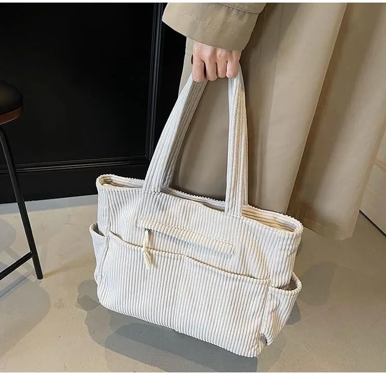 Corduroy Tote Bag For Women,Multiple Pockets Large Corduroy Shoulder Bag,Cute Tote Bag For Office,Travel, Shopping