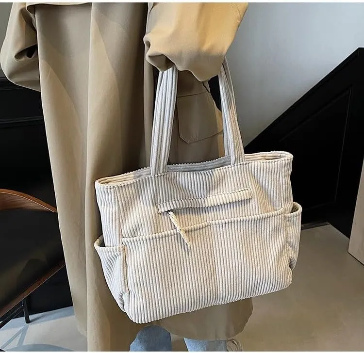 Corduroy Tote Bag For Women,Multiple Pockets Large Corduroy Shoulder Bag,Cute Tote Bag For Office,Travel, Shopping