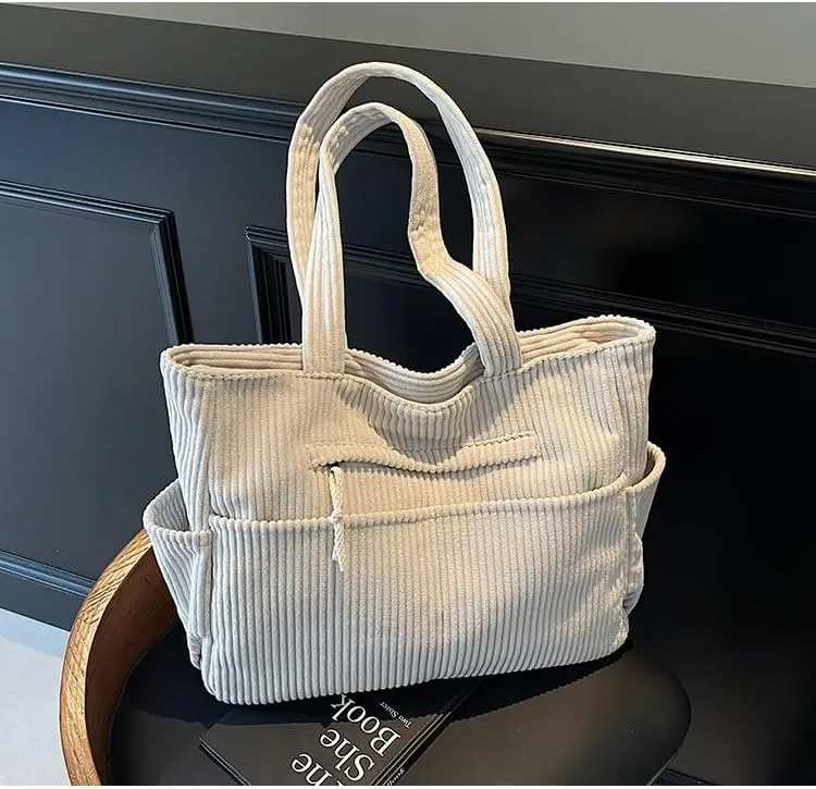 Corduroy Tote Bag For Women,Multiple Pockets Large Corduroy Shoulder Bag,Cute Tote Bag For Office,Travel, Shopping