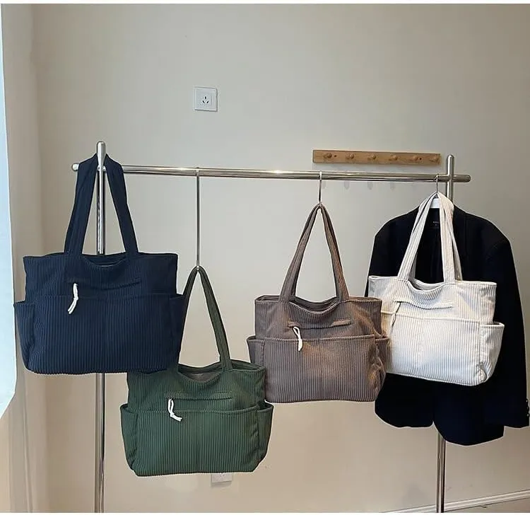Corduroy Tote Bag For Women,Multiple Pockets Large Corduroy Shoulder Bag,Cute Tote Bag For Office,Travel, Shopping