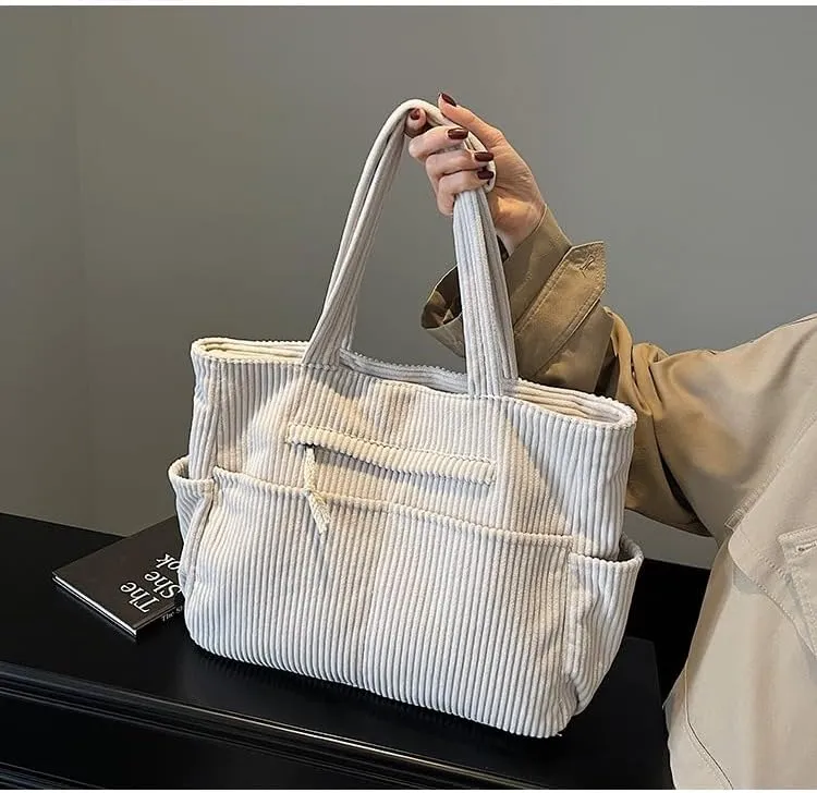 Corduroy Tote Bag For Women,Multiple Pockets Large Corduroy Shoulder Bag,Cute Tote Bag For Office,Travel, Shopping