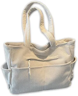 Corduroy Tote Bag For Women,Multiple Pockets Large Corduroy Shoulder Bag,Cute Tote Bag For Office,Travel, Shopping
