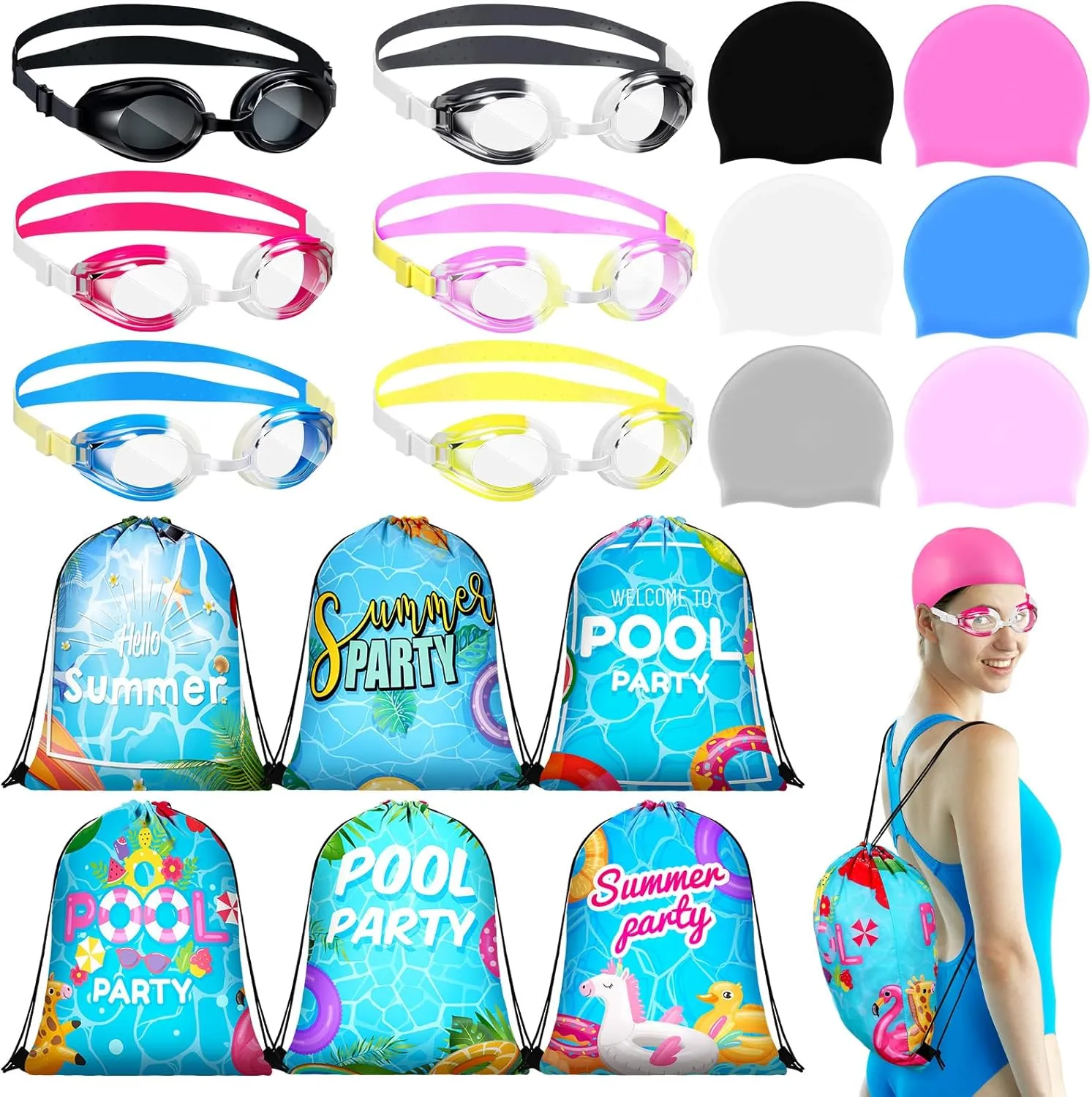 Coume 6 Set Kids Swim Caps with Swimming Goggles Silicone Adjustable and Drawstring Bag Cartoon Swimming Hat for Long Short Hair Kids Boys Girls Teens