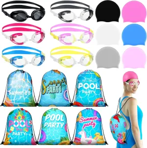 Coume 6 Set Kids Swim Caps with Swimming Goggles Silicone Adjustable and Drawstring Bag Cartoon Swimming Hat for Long Short Hair Kids Boys Girls Teens