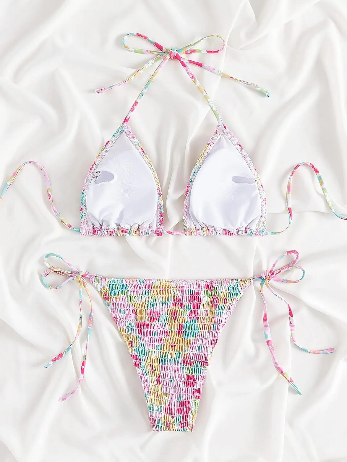 COZYEASE Women's 2 Piece Floral Bikini Sets Smocked Drawstring Side Triangle Halter Sexy Cute Swimsuits