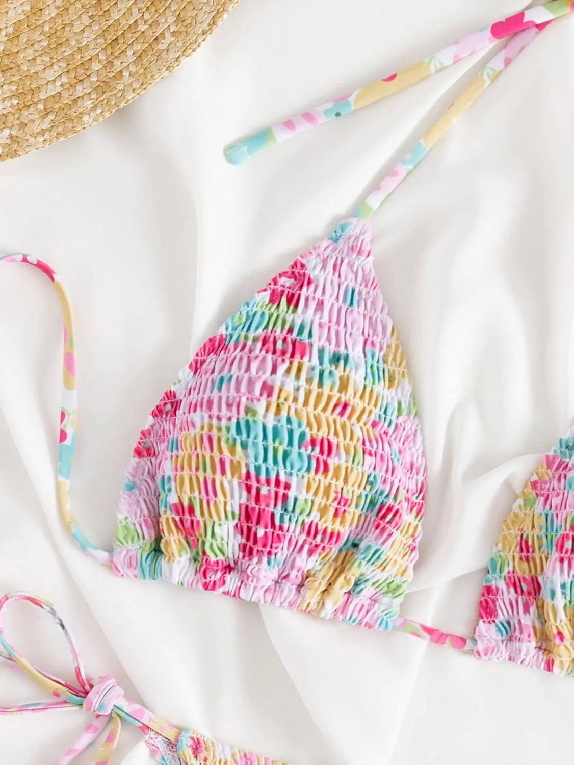 COZYEASE Women's 2 Piece Floral Bikini Sets Smocked Drawstring Side Triangle Halter Sexy Cute Swimsuits