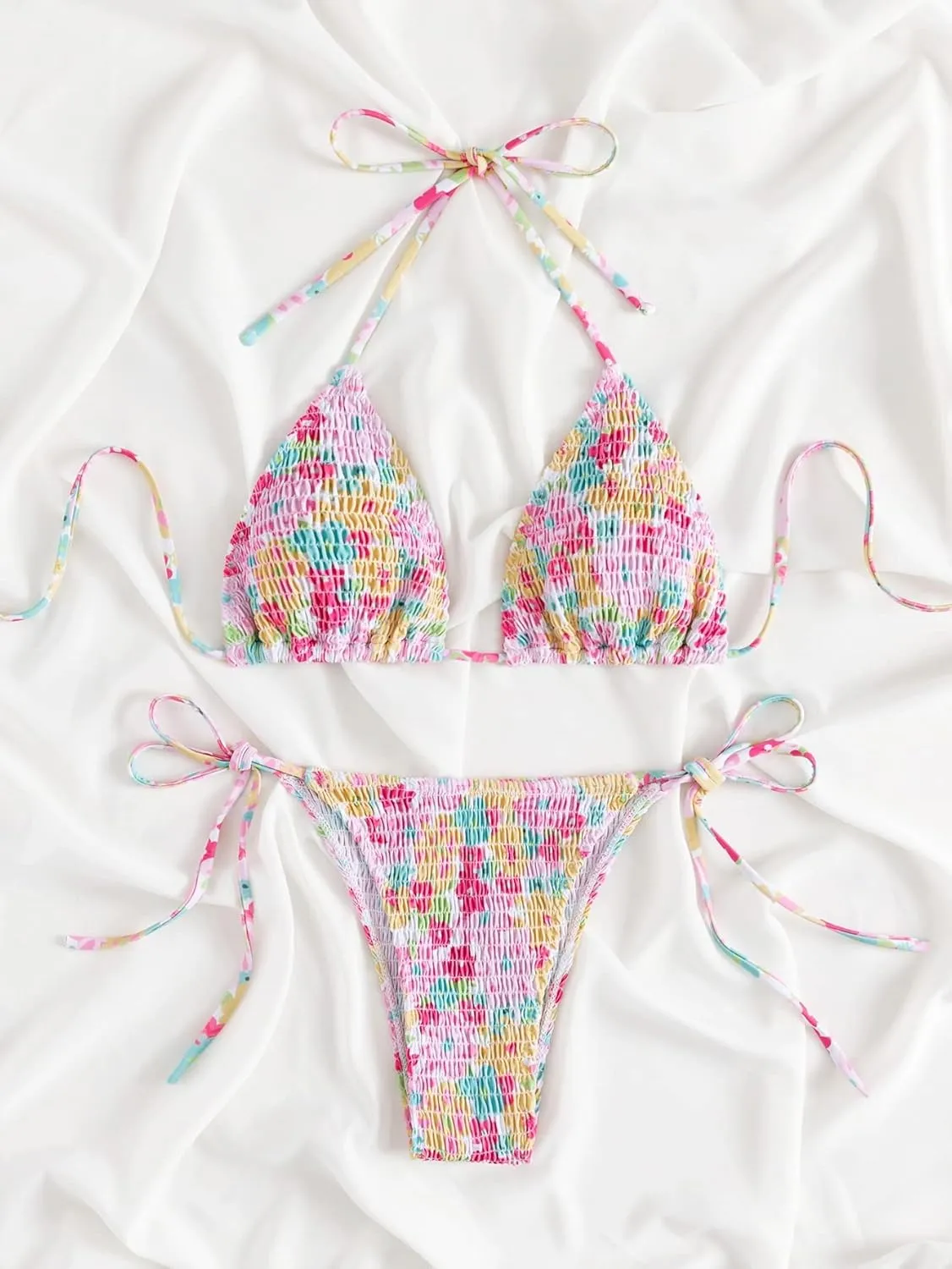 COZYEASE Women's 2 Piece Floral Bikini Sets Smocked Drawstring Side Triangle Halter Sexy Cute Swimsuits