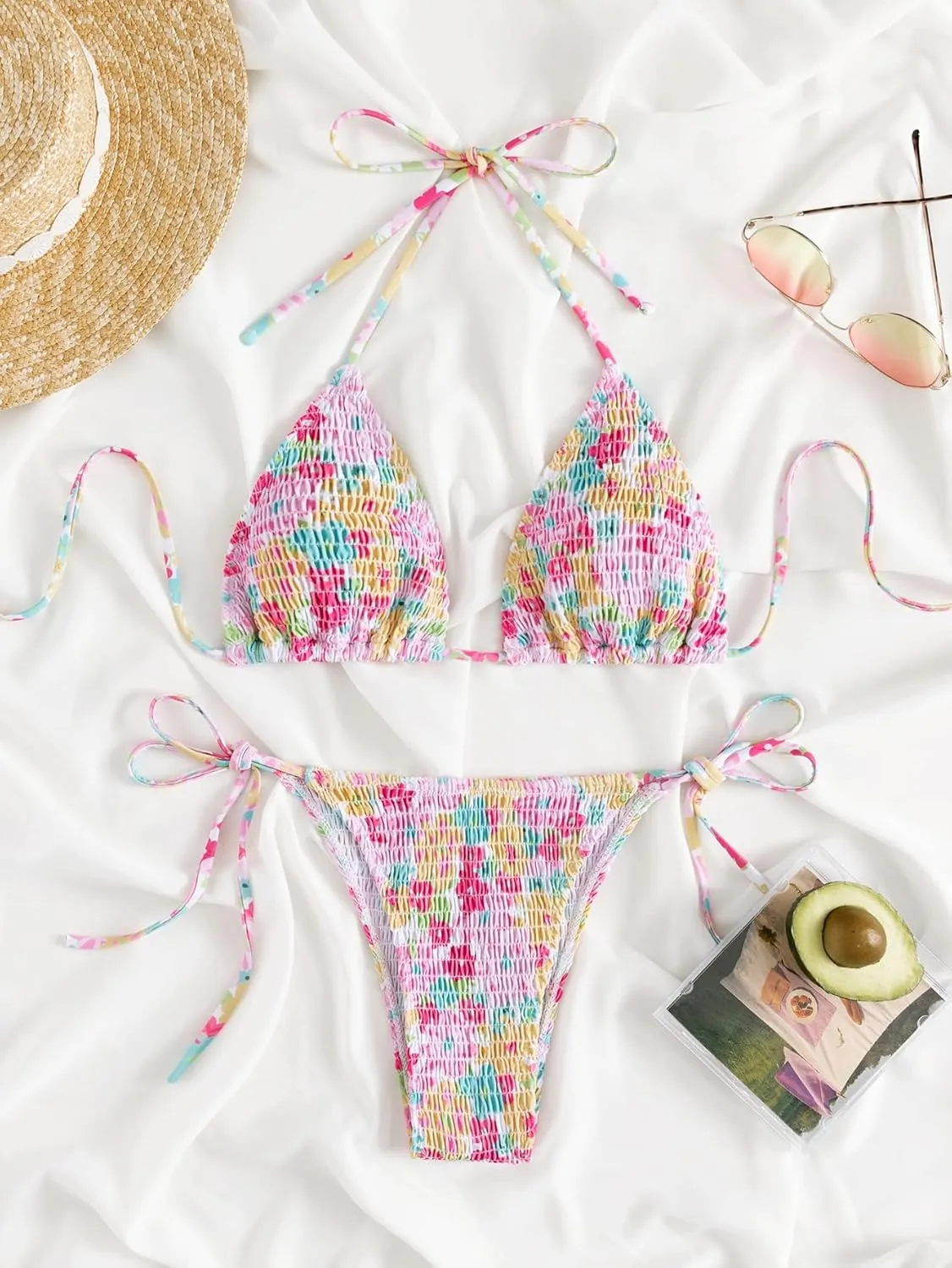 COZYEASE Women's 2 Piece Floral Bikini Sets Smocked Drawstring Side Triangle Halter Sexy Cute Swimsuits
