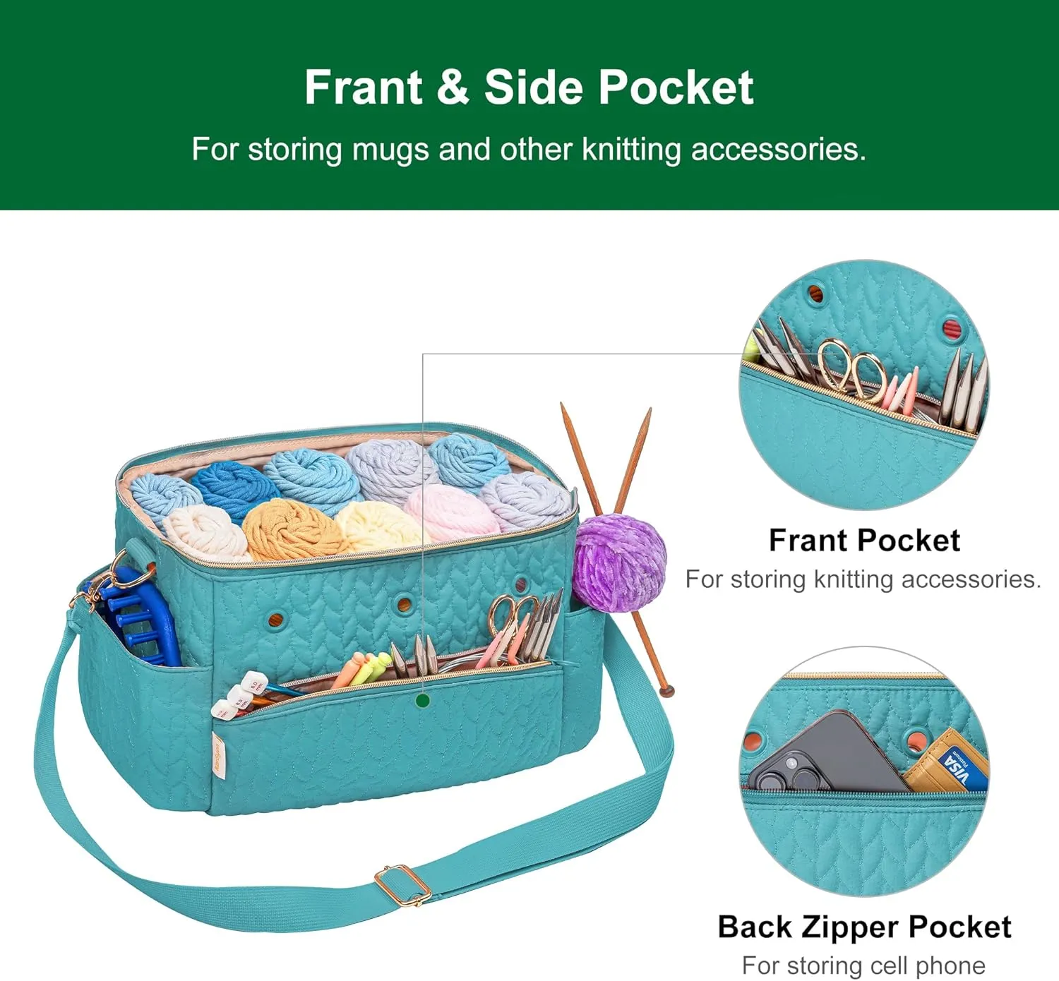 Crochet Bag Storage Organizer For Knitting & Crocheting Accessories - Teal