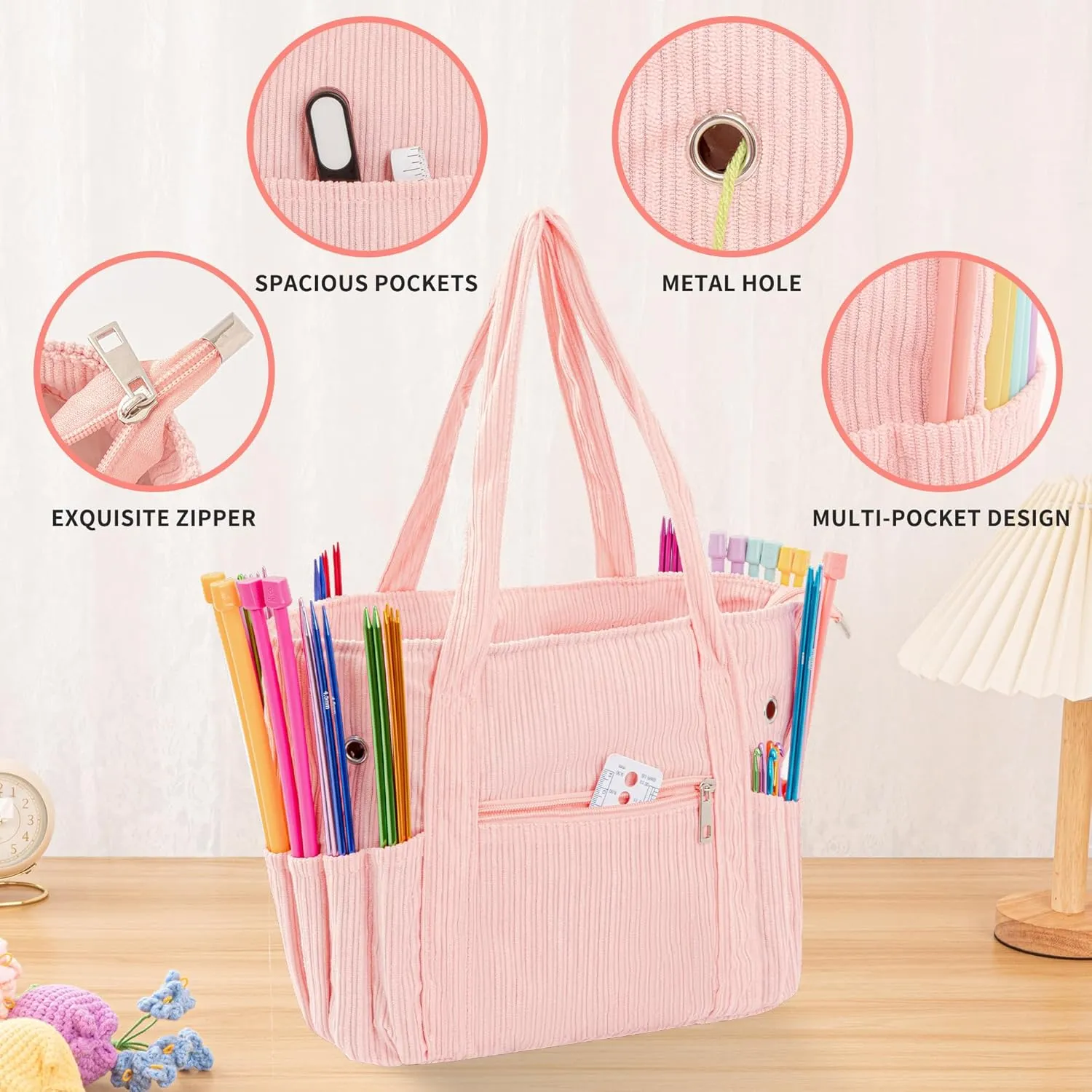 Crochet Bag, Tote Storage for Knitting, Corduroy Yarn Storage Bag for Hooks, Supplies and Accessories, Projects (Pink)